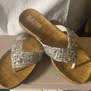 Kenneth Cole Reaction Silver Jeweled Wedge Sandals Size 6
